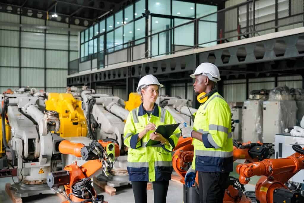 Two workers in safety vests talk in a manufacturing warehouse.
